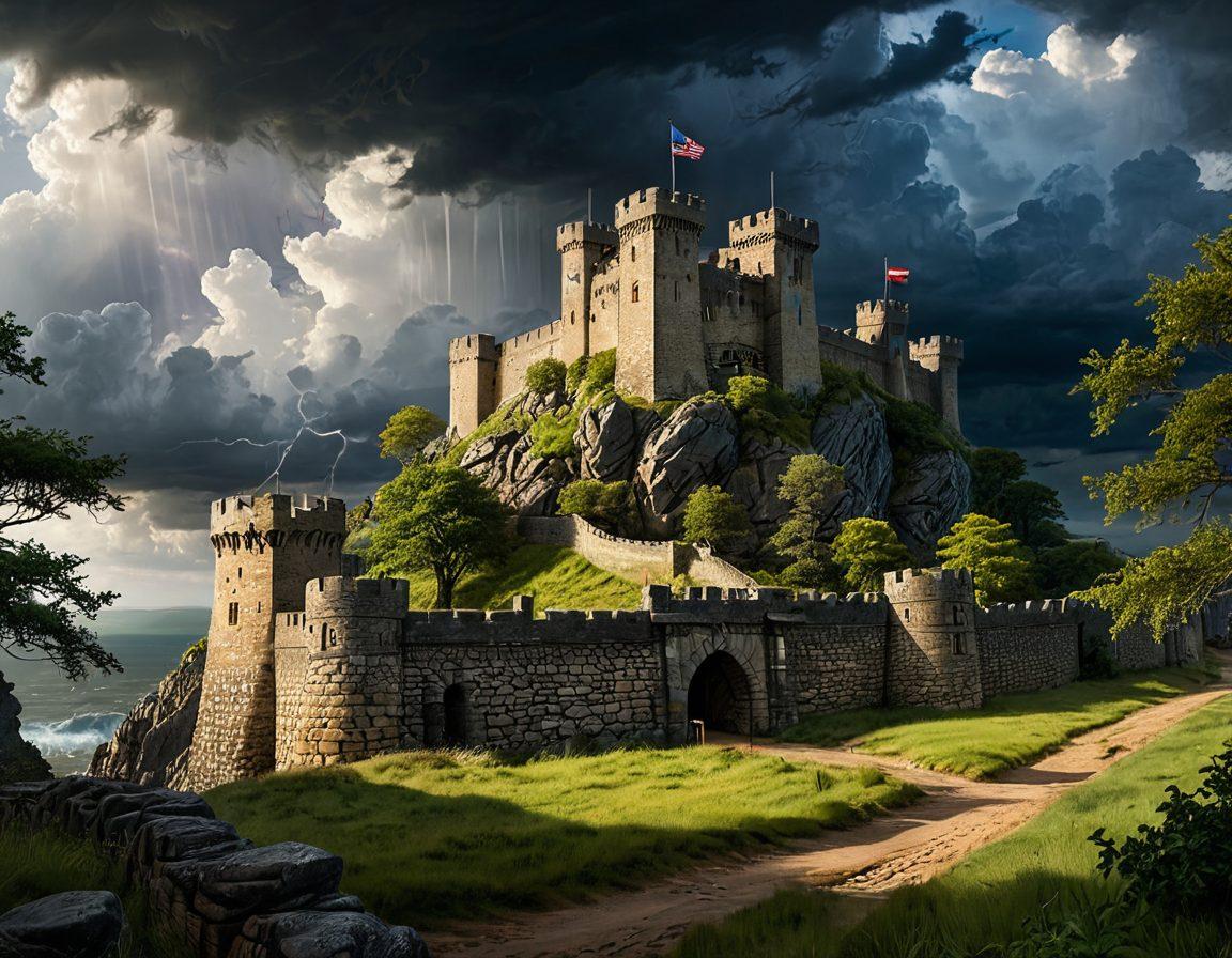 A strong fortress standing tall against dark storm clouds, with shields and armor symbolizing protection in the foreground. The scene depicts a peaceful village behind the fortress, showcasing resilience and security amidst the looming threat. Bright rays of sunlight breaking through the clouds, highlighting hope and strength. super-realistic. vibrant colors. dramatic lighting.