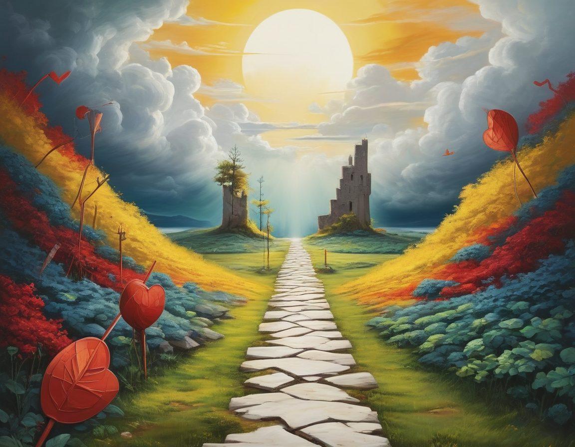 An abstract illustration depicting a winding path guarded by symbolic tools representing emotional and physical protection, such as a shield, a heart, and a safety net. The path should be surrounded by contrasting elements like stormy clouds and bright sunshine to symbolize challenges and hope. The color palette should evoke a sense of urgency yet reassure the viewer. surreal art. vibrant colors. white background.