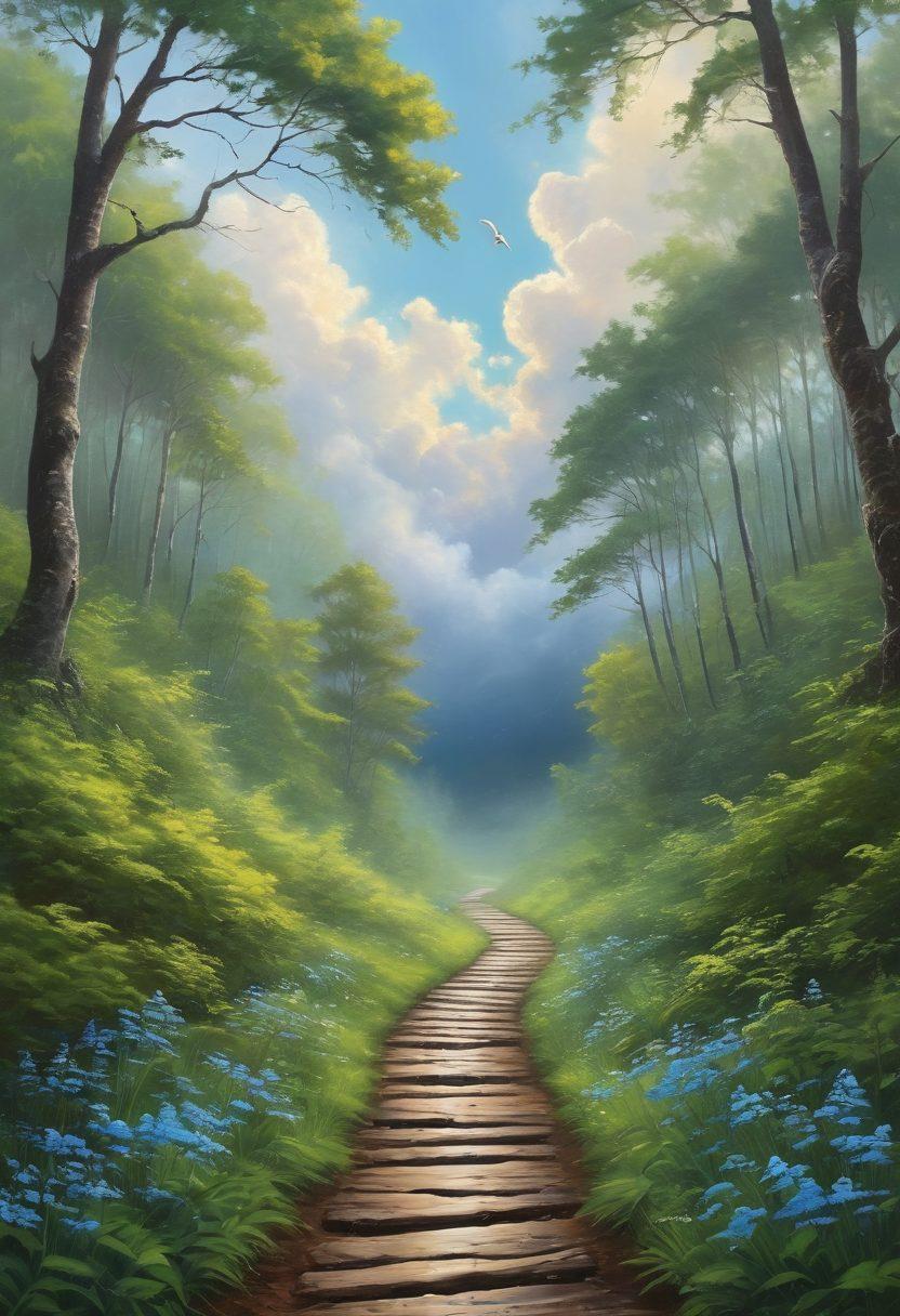 A serene landscape depicting a winding path through a lush, green forest, symbolizing the journey of navigating vulnerability. Alongside the path, pairs of hands reaching out, representing emotional support and protection. Above, a bright sky transitioning from stormy clouds to clear blue, signifying hope and resilience. Soft, flowing textures and warm colors evoke a sense of safety and comfort. painting. vibrant colors. natural elements.